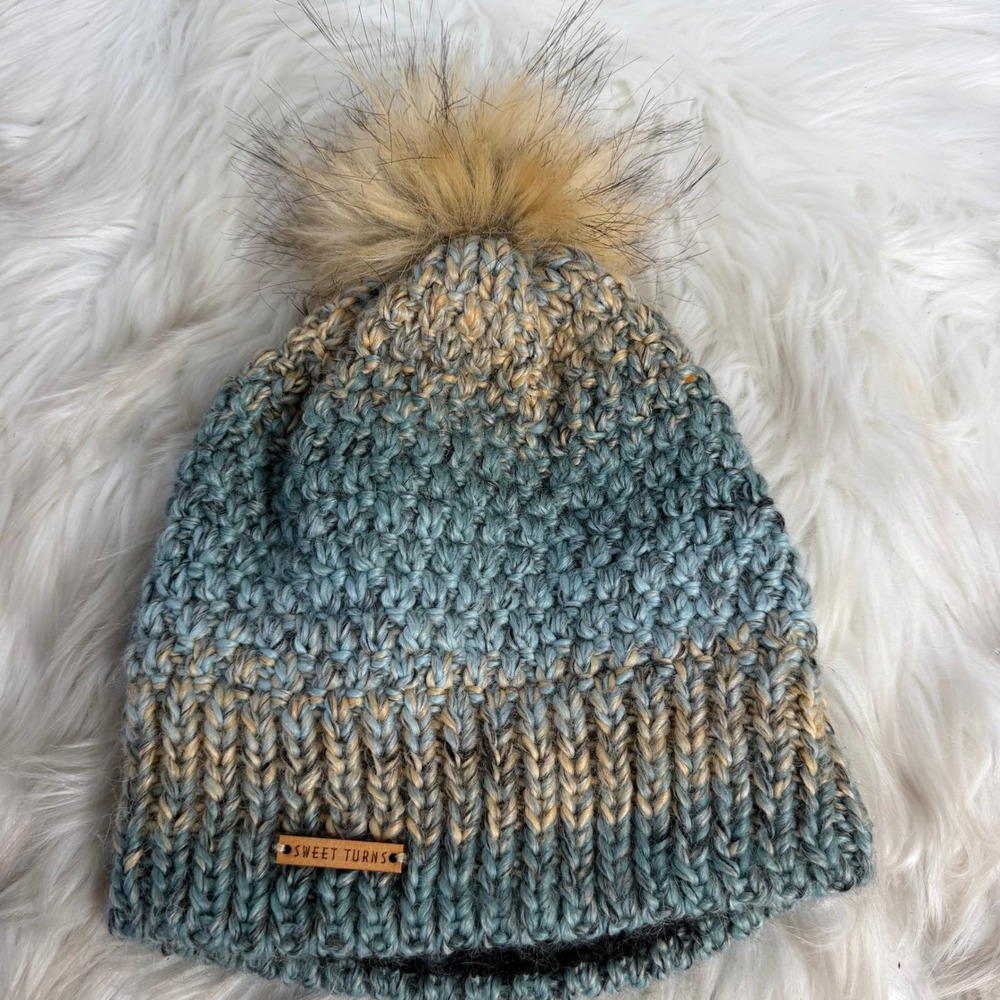Sweet Turns Teal Blue Tan Space Dye Knit Beanie Faux Fur Pom Fleece Lined Hat
